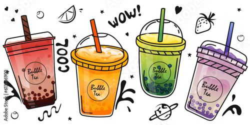 Bubble tea cup design collection. Pearl milk tea , Boba milk tea, Yummy drinks, coffees with doodle style banner