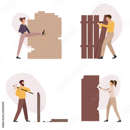 Business people destroying walls. Flat employees smash obstacles in different ways, break concrete. Men and women cartoon flat style isolated, nowaday vector set