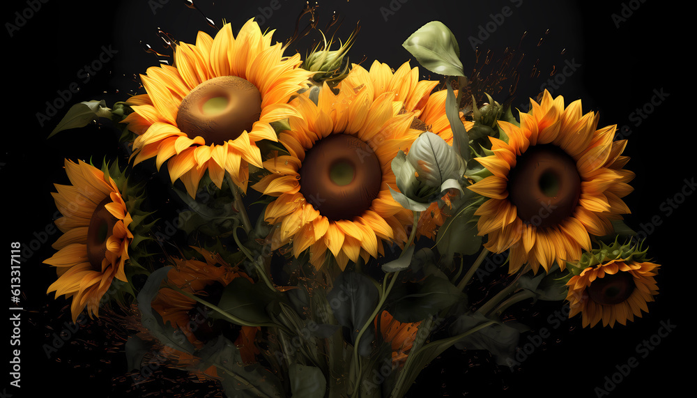 Set of Sunflowers, isolated on transparent background. 3D render. Hight contrast. Black solid bacground. : Unreal Engine, Cinematic, Photoshoot, DOF. intricate hyper maximalist, elegant. : Set of Sunflowers, isolated on transparent background. 3D render. Hight contrast. Black solid bacground. : Unreal Engine, Cinematic, Photoshoot, DOF. intricate hyper maximalist, elegant. :