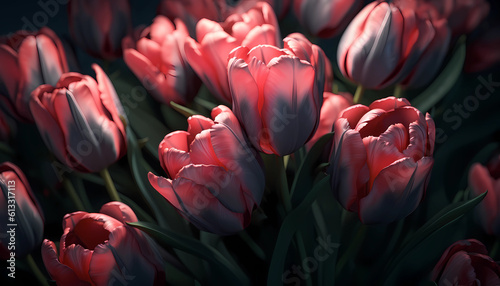 Set of Tulips  isolated on transparent background. 3D render. Hight contrast. Black solid bacground.   Unreal Engine  Cinematic  Photoshoot  DOF. intricate hyper maximalist  elegant.  