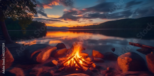 Glowing campfire by the lake. Sunset with open flames, fire, and logs. Camping on the beach at night. Serene lake landscape. © Prasanth