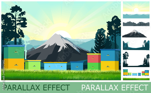 Mountain landscape with an apiary. Beehives in meadow. set of slides create parallax image layer. Cartoon style. Isolated on white background. Vector.