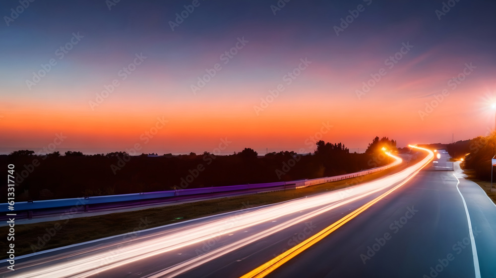 long exposure lights on a road at morning, made by Ai