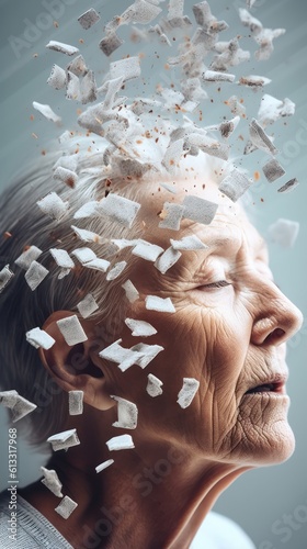 Small pieces dissolving head of senior grey-haired woman mental and cognitive disorders dementia