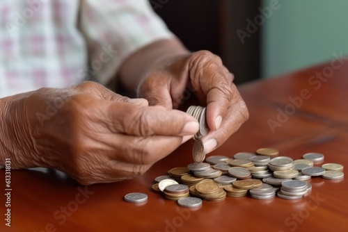elderly man at wooden table, counting coins, poverty and the need to save money with low pension