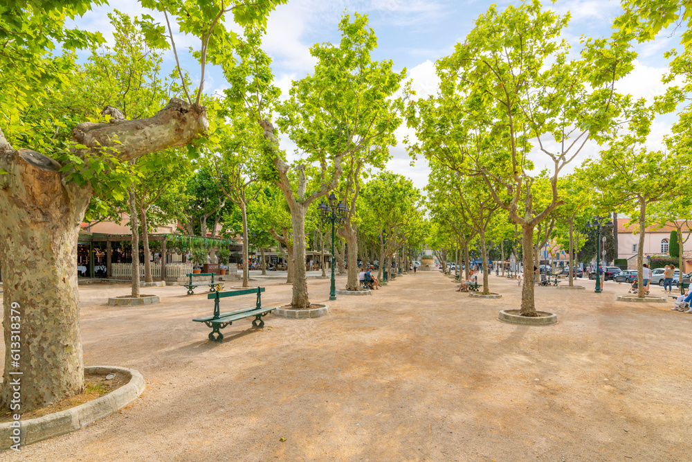 The spacious tree lined Place des Lices town square and park in the historic center of Saint-Tropez, France, along the Cote d'Azur French Riviera.	