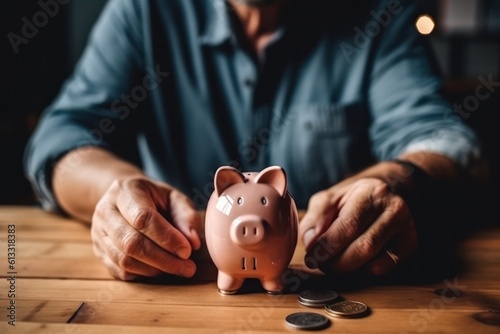 man saves money in a piggy bank for pension and insurance.