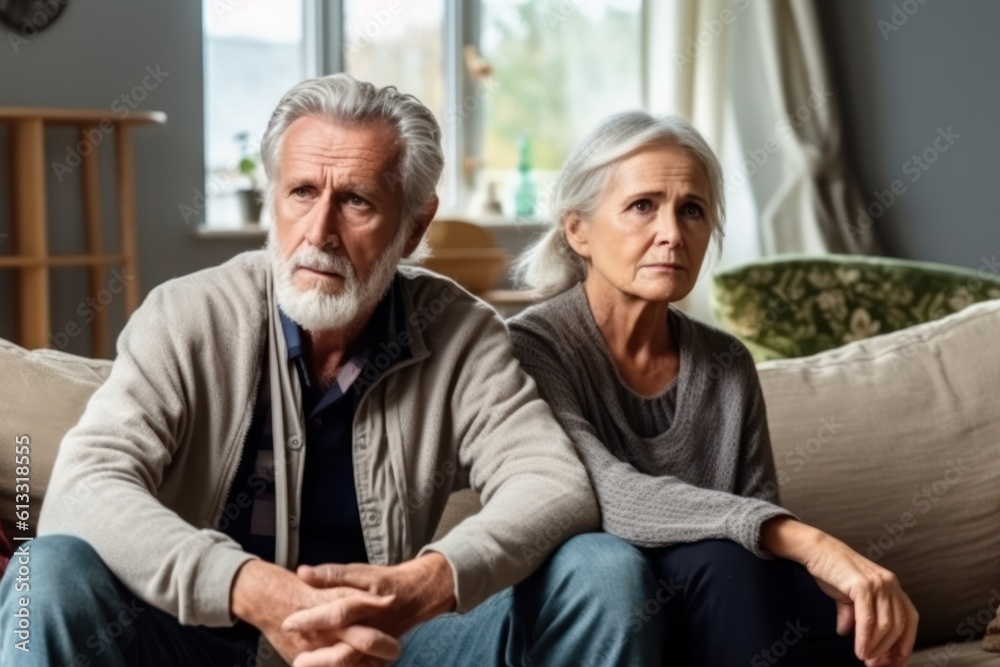 Disheartened senior couple, their serious and upset expressions revealing frustration.