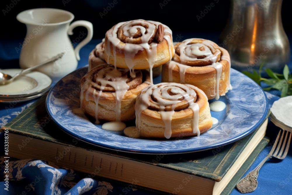 Freshly baked cinnamon rolls lathered in creamy frosting, seducing your taste buds with its tantalizing aroma and delicate sweetness, sprawled invitingly on a white plate. Generative AI Technology. Freshly baked cinnamon rolls lathered in creamy frosting, seducing your taste buds with its tantalizing aroma and delicate sweetness, sprawled invitingly on a white plate. Generative AI Technology.