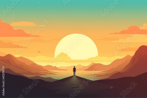 Stunning visual of a lone person standing on the peak of a mountain during sunset. It represents solitude, success, and perseverance.. Generative AI Technology.