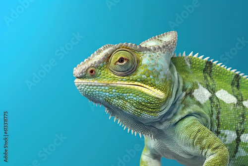 green chameleon portrait with a blue background