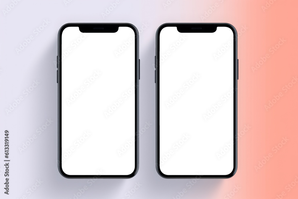 Two mockup smartphones with white blank screens are lying on a table, top view. Generative AI Technology. Two mockup smartphones with white blank screens are lying on a table, top view. Generative AI Technology.