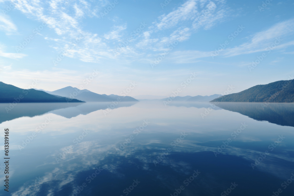 serene beauty and tranquility of a mountain lake, surrounded by the majestic backdrop of the mountains, offering a sense of calm, relaxation and rejuvenation. Generative AI Technology.