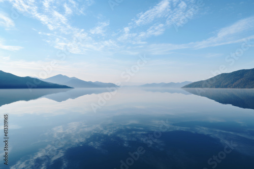 serene beauty and tranquility of a mountain lake, surrounded by the majestic backdrop of the mountains, offering a sense of calm, relaxation and rejuvenation. Generative AI Technology.
