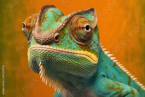 close up portrait of a green chameleon with an orange background