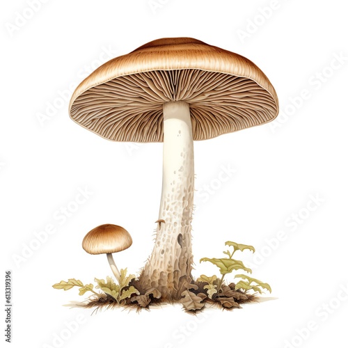 Detailed Botanical Illustration: Artfully Sketched Mushroom Species in Their Natural Forest Environment





