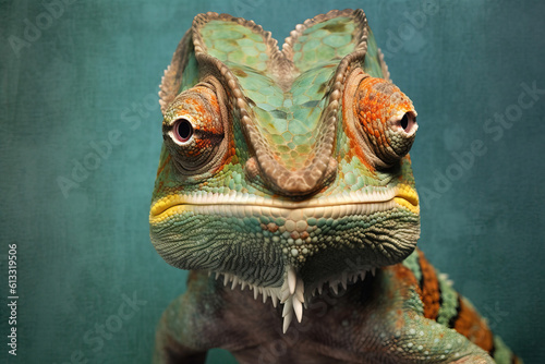 close up portrait of a chameleon with a stone textured background