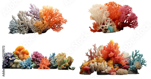 Fototapeta Naklejka Na Ścianę i Meble -  Set of sea coral, coral reef on the transparent background PNG. Top view. AI generative.