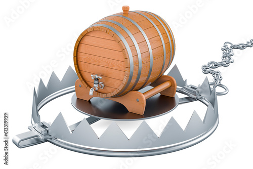Wooden barrel inside bear trap, 3D rendering