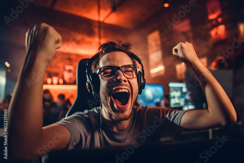 Gamer streamer in a computer club won a online game cybersports competition and is happy to have won. Esports. Generative AI