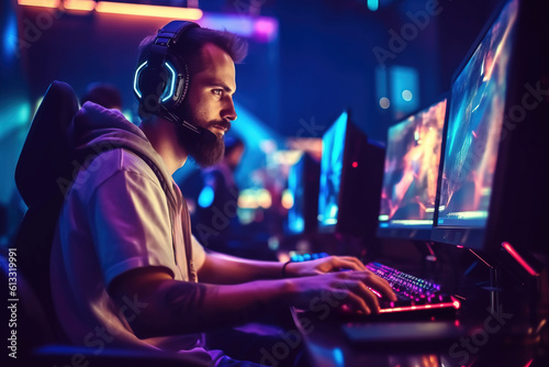 Bearded gamer guy plays video games at Esports championship. Guy plays at a cybersports event in neon light. Generative AI