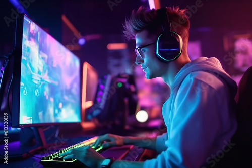 Pro gamer streamer wearing headphones and eyeglasses playing online computer game in his neon lights game studio. Cybersport, esports and live streaming. Generative AI © Arsenii