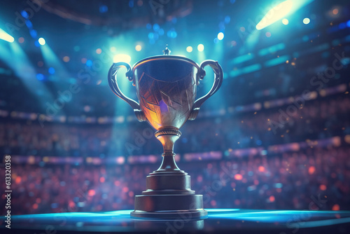 The winner's cup stands in the stadium illuminated by blue neon spotlights. The concept of Esports and cybersports competitions. Generative AI