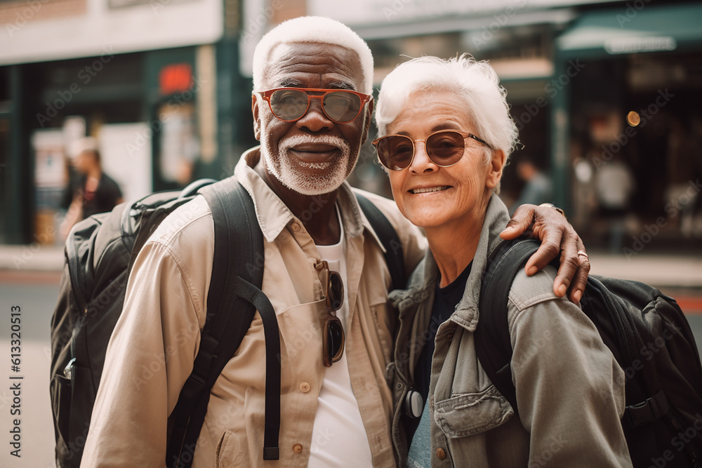 Afro-american senior couple travelling in a city. Generative AI