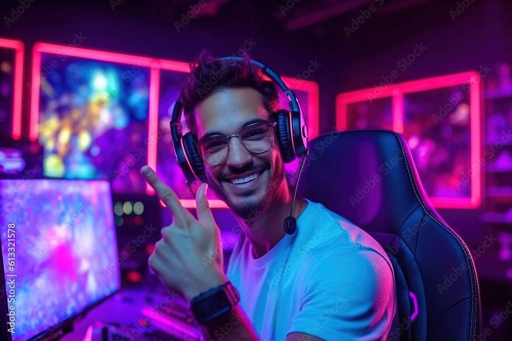 Cheerful professional gaming streamer wearing headphones and eyeglasses greets his followers and subscribers on the stream with gesturing. Streaming and game Industry concepts. Generative AI Cheerful professional gaming streamer wearing headphones and eyeglasses greets his followers and subscribers on the stream with gesturing. Streaming and game Industry concepts. Generative AI