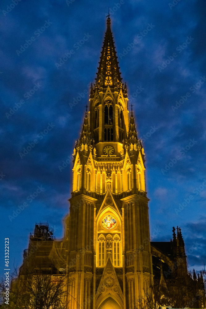 Fototapeta premium The cathedral of San Sebastian is illuminated at night in a ghostly way.