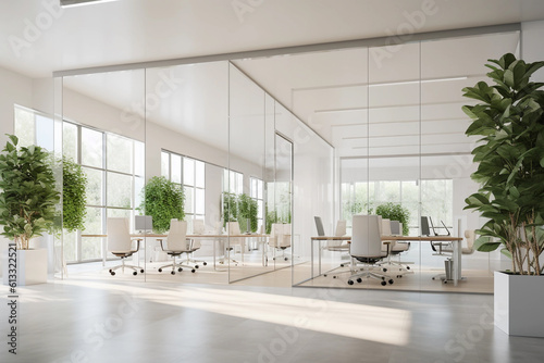 A spacious and modern office interior with plants and lots of light. Generative AI