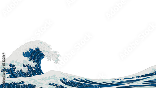 北斎の浮世絵風の波の背景イラスト。背景なし、16：9、ベクターイラスト、バナーテンプレート、透過背景