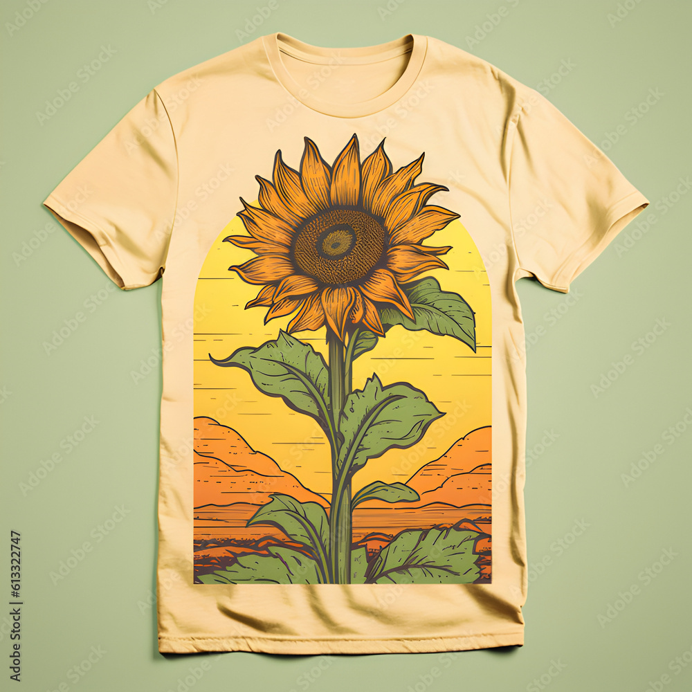 a retro t shirt design with a sunflower - obrazy, fototapety, plakaty 