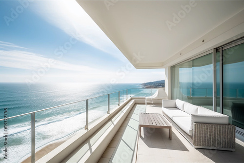 Luxury and modern apartment terrace by the sea and ocean. Generative AI © Creative Clicks