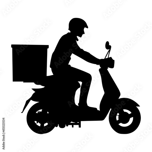 Vector illustration. Black silhouette of a courier on a scooter. Fast delivery.