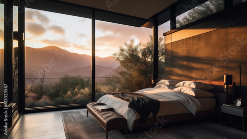 Luxury bedroom Interior with wooden floor and great views. Generative AI