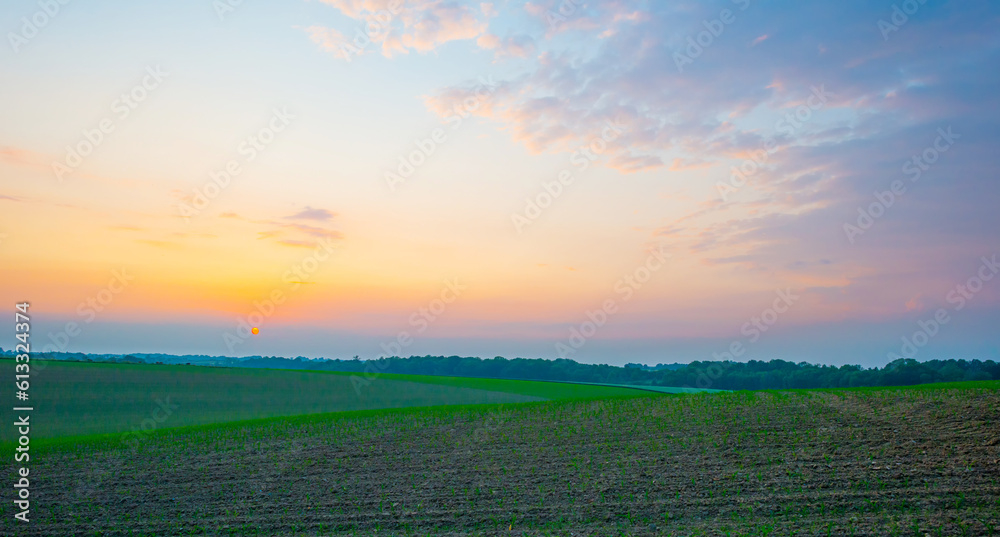 Sunset over fields and trees in a green hilly landscape under a colorful sky in sunlight in spring, Voeren, Limburg, Belgium, June, 2023