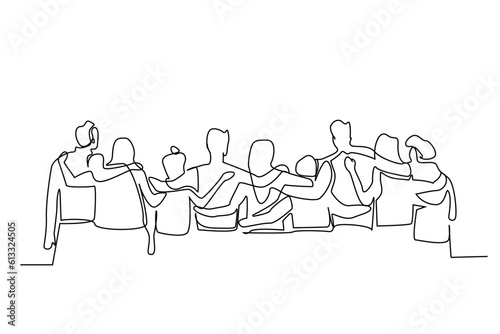 young female male people team teamwork students hugging walking outside posing happy line art