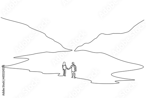 young couple in love nature mountain hike trekking freedom love happy back behind rear far away lifestyle line art