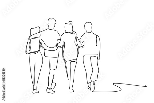 young female male people team teamwork students hugging walking outside posing happy full body length line art