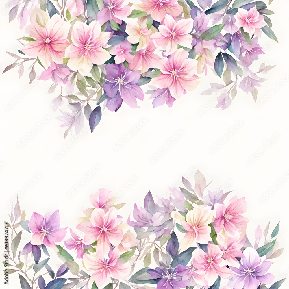 Floral background with place for text. Flowers Rhododendron with a frame. Decorative item for Wallpaper, wrapping paper and backgrounds, postcards and wedding invitations. Generative AI.