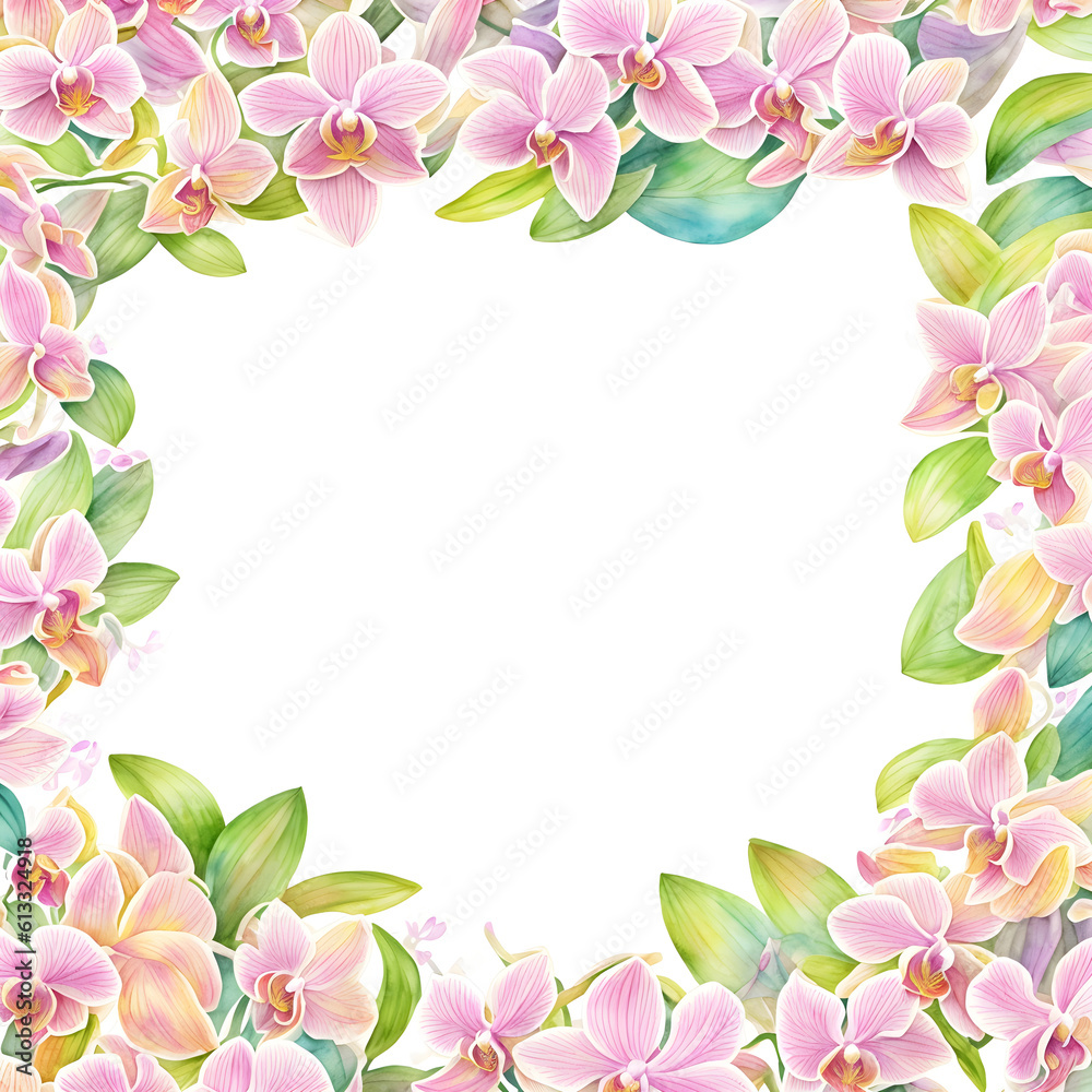 Greeting card frame border with watercolor flowers orchids and leaves. Tropical design for wedding stationary, background, postcard etc. Hand painting. Generative AI.