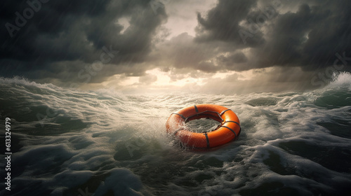 Orange Life Buoy Precariously Floating in Tumultuous Ocean on a Stormy Day - Generative AI.
