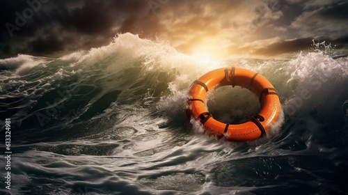 Orange Life Buoy Precariously Floating in Tumultuous Ocean on a Stormy Day - Generative AI.