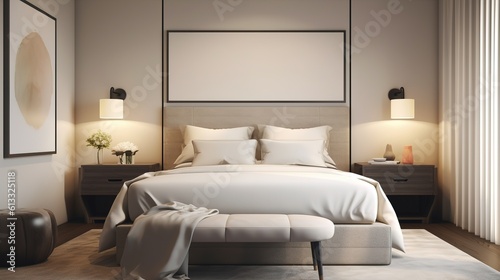 Realistic photo of interior modern style bedroom, with warm light condition.