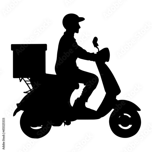 Vector illustration. Black silhouette of a courier on a scooter. Fast delivery.