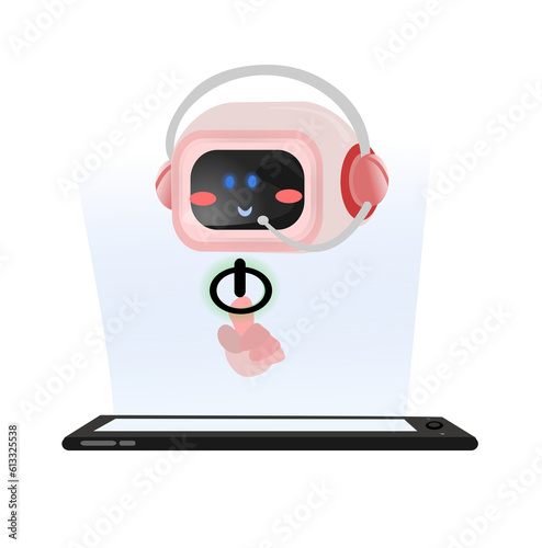  Illustration cute cartoon press the power button on mobile.  characters chatting with robot, asking questions and receiving answers. AI assistant support and FAQ concept.Isolate background.
