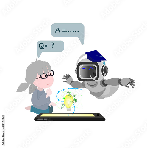 Illustration cute cartoon  kid mascot ai  education concept..  characters chatting with robot, asking questions and receiving answers. AI assistant support and FAQ concept.Isolate background.