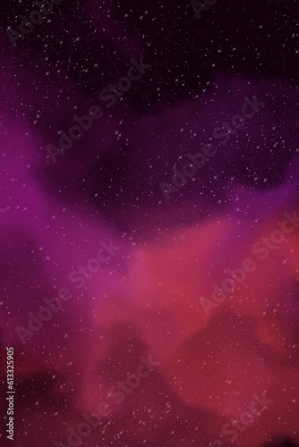 A cartoon red nebulas in outer space. Illustration of gas nebula clouds in red and magenta colors in cosmic space with stars.