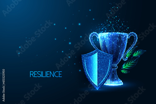 Resilience, empowerment, persistence, grit futuristic concept with shield and trophy on dark blue 